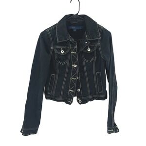 Y2K Cropped Black Denim Jacket Size 3 Grunge Indie Contrast Stitch Jean Mall Alt